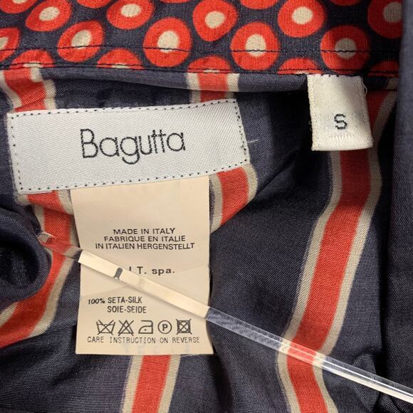 BAGUTTA Size S Black Red Beige Stripe Silk Curved Cutaway Long Sleeve Shirt - Picture 4 of 5